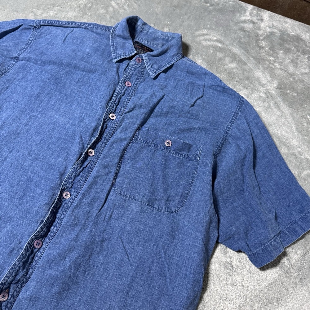 Indigo Palms Shirt Mens M Blue 100% Linen Button Front Tommy Bahama Beach